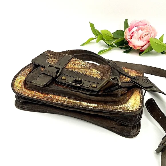 FRYE Cameron Metallic Gold, Copper & Brown Leather Small Satchel Crossbody Bag - Picture 5 of 15